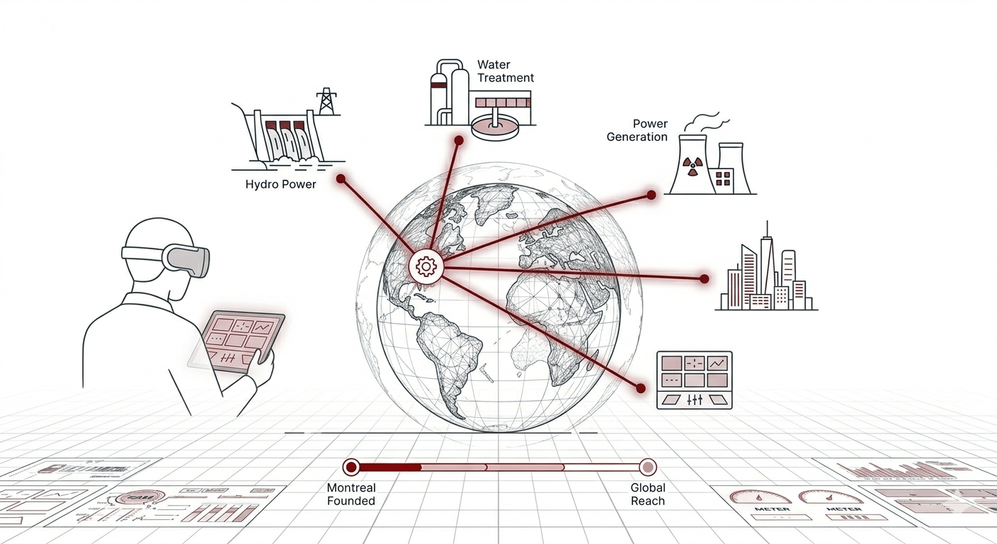 A professional CAD-style technical schematic showing SACO Controls' global reach from Montreal to international power, water, and industrial infrastructure projects.